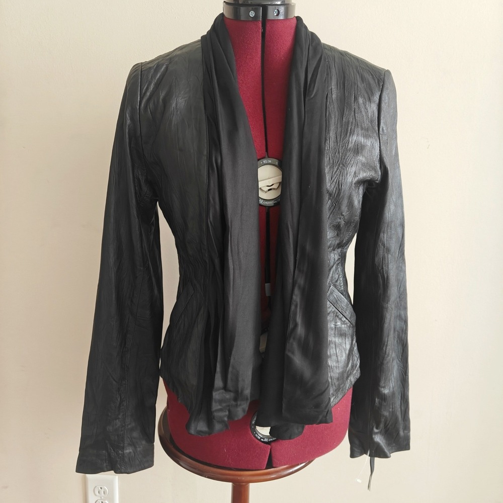 NEW MM Couture by Miss Me Black Leather Draped Open Front Jacket Large Zip Cuff